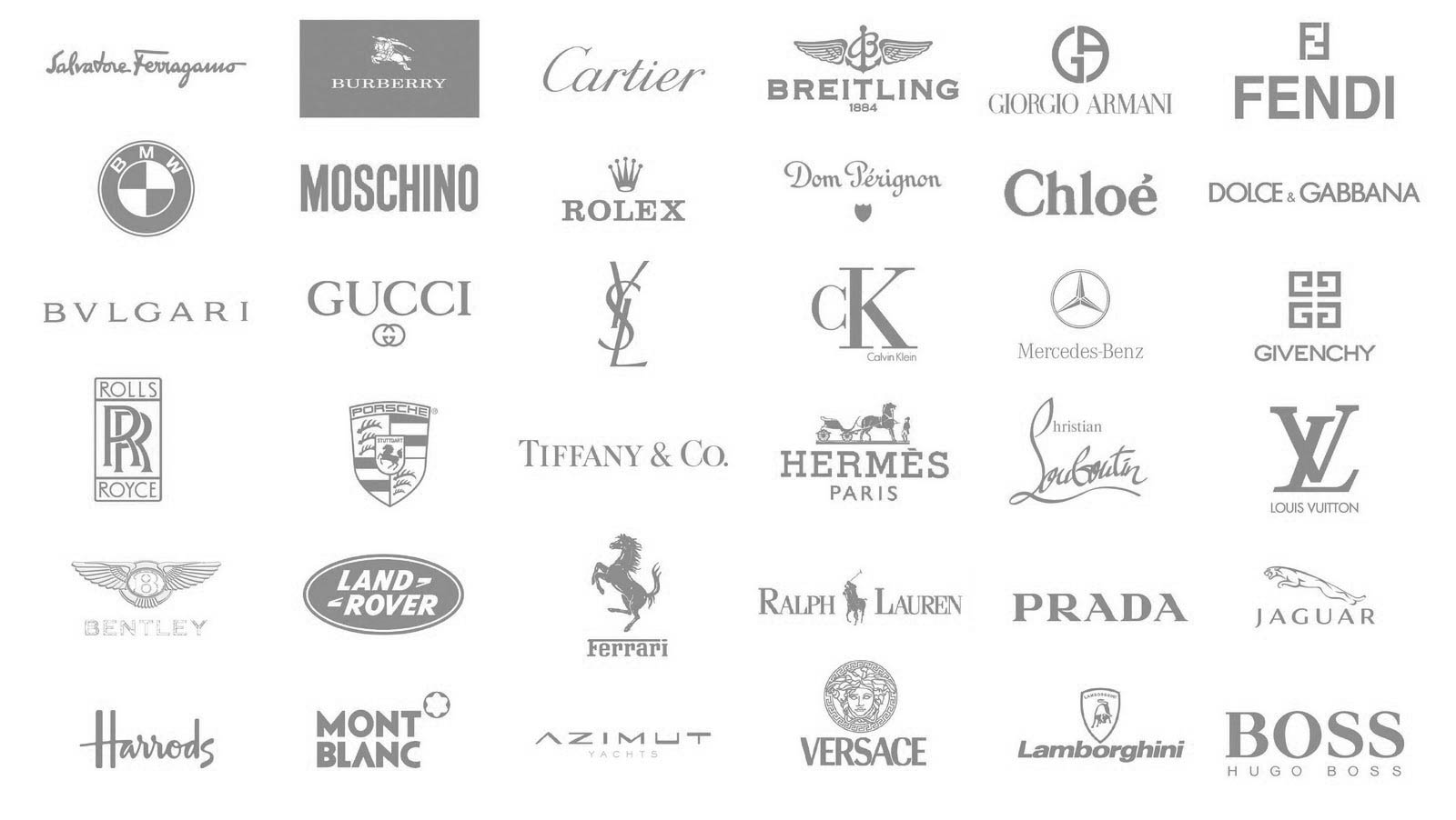 Assortment of logos of luxury brands used to talk about luxury management in SP Jain as one of the top MBA programs