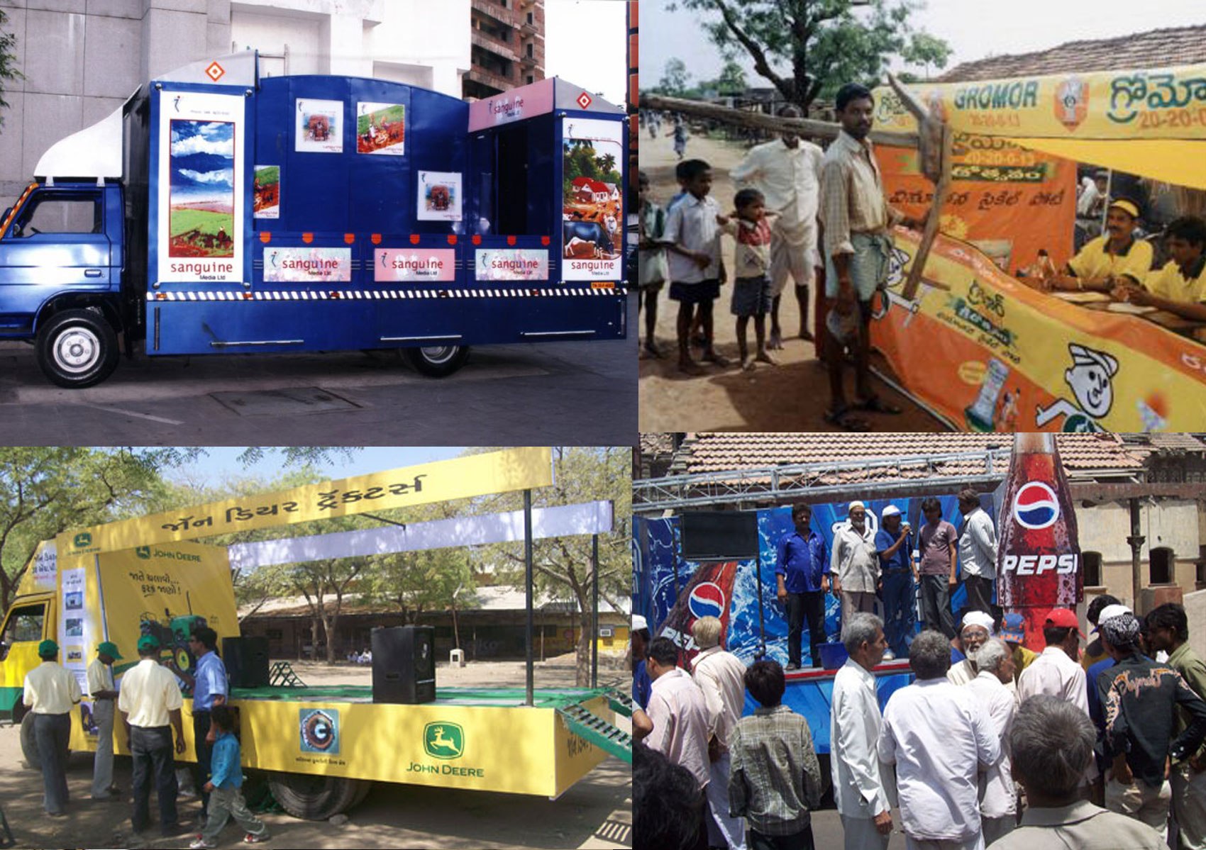 A collage of pictures depicting rural marketing campaigns in India, for a blog on MBA specialization