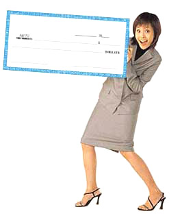 A picture showing a lady holding a large pay cheque depicting typical high salaries of jobs after MBA