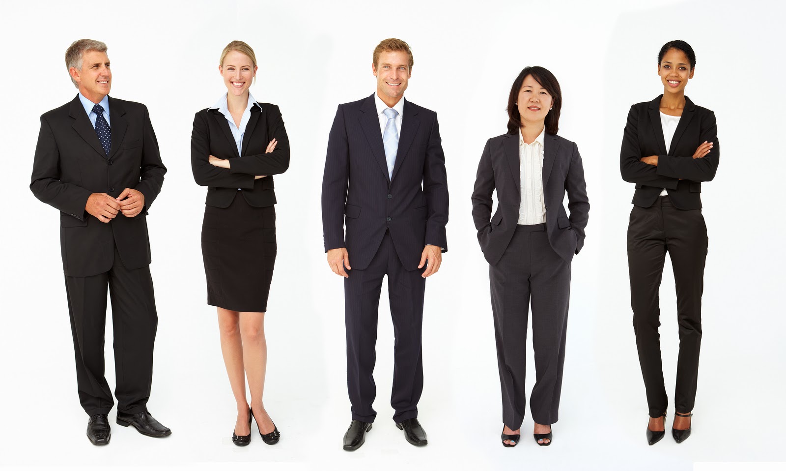 A picture that shows three women and two men standing dressed in appropriate business suits for an article that tells you how to prepare for an interview.